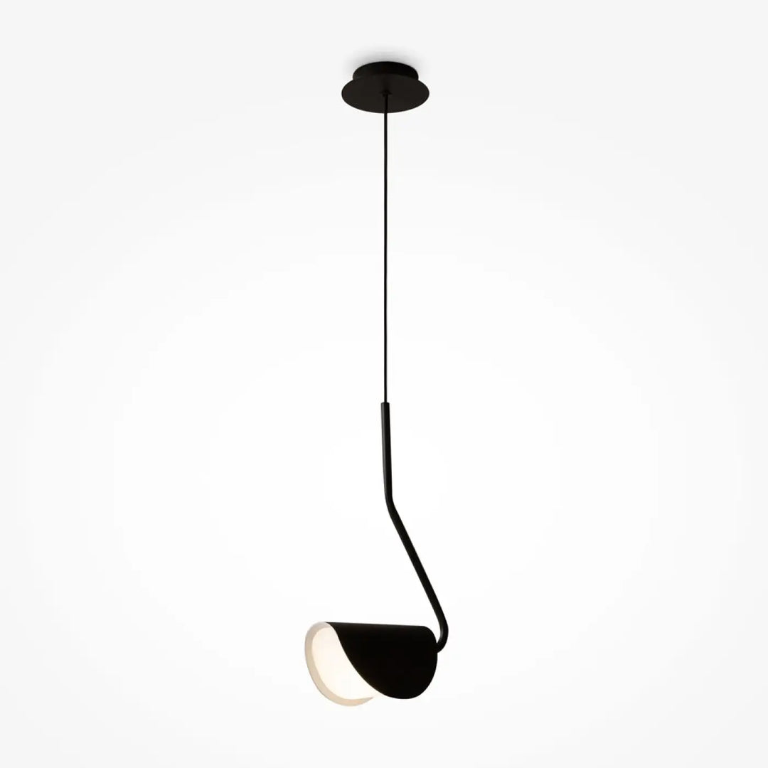 Suspension mollis en acier noir avec bras courbé et abat-jour circulaire doux effet feuille pliée