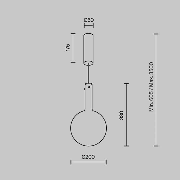 Suspension nebula led avec globe en verre sphérique minimaliste et marquages dimensionnels précis pour installation