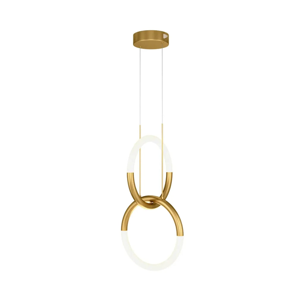 Suspension luminaire double anneau en aluminium doré avec deux anneaux entrelacés au-dessus d’une table moderne