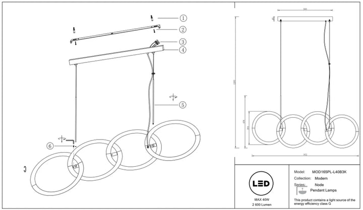 Suspension node ruban noué en aluminium noir avec quatre anneaux circulaires entrelacés à leds intégrées moderne