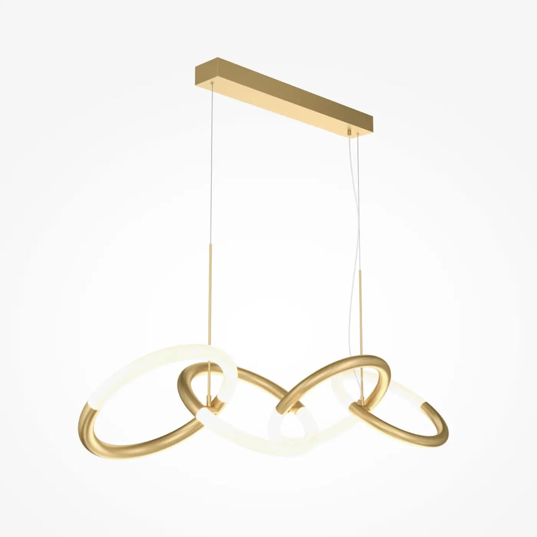 Suspension luminaire node en ruban noué avec anneaux circulaires entrelacés dorés et accents en verre dépoli