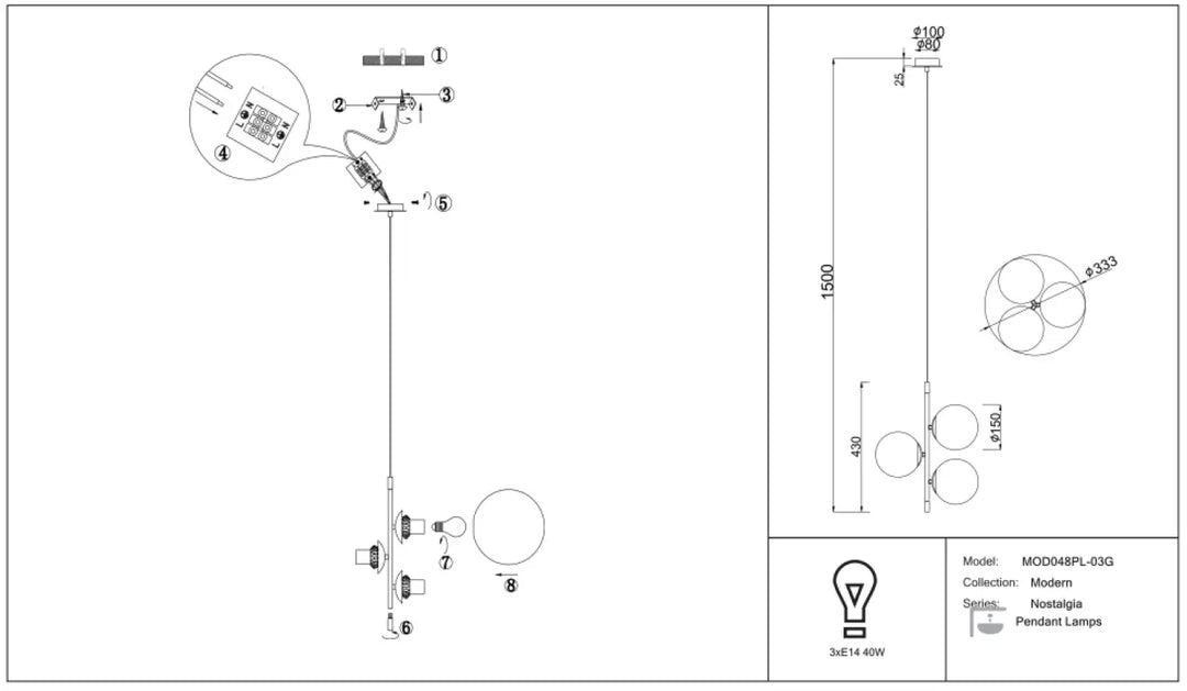 Suspension luminaire trois globes avec trois ampoules led 14w, verre opalin et acier noir au design minimaliste