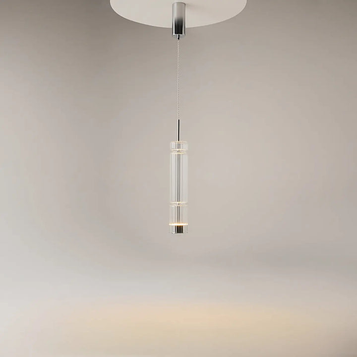 Suspension ordo led en verre clair avec cylindre en verre et accents chromés suspendue au plafond circulaire