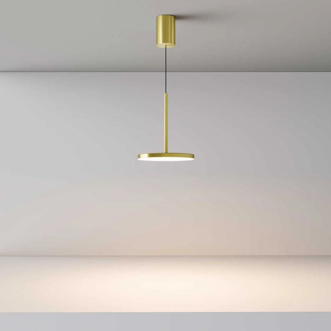Suspension plato disque vertical en métal doré avec tige cylindrique et base disque lumineux éclairée moderne