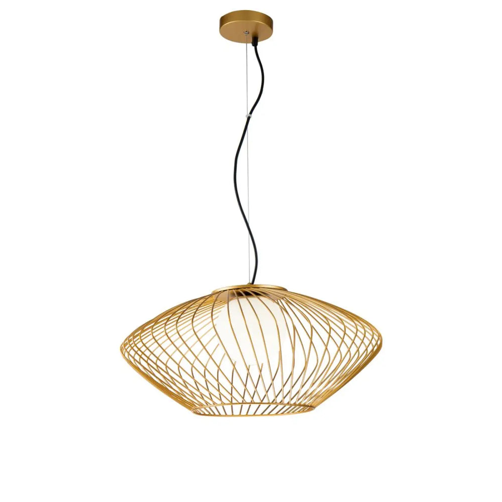 Suspension luminaire plec cage ajourée en lignes dorées avec diffuseur en verre dépoli de design géométrique moderne