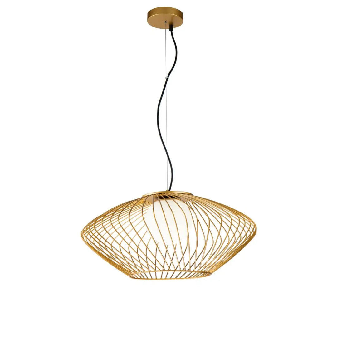Suspension luminaire plec cage ajourée en lignes dorées avec diffuseur en verre dépoli de design géométrique moderne