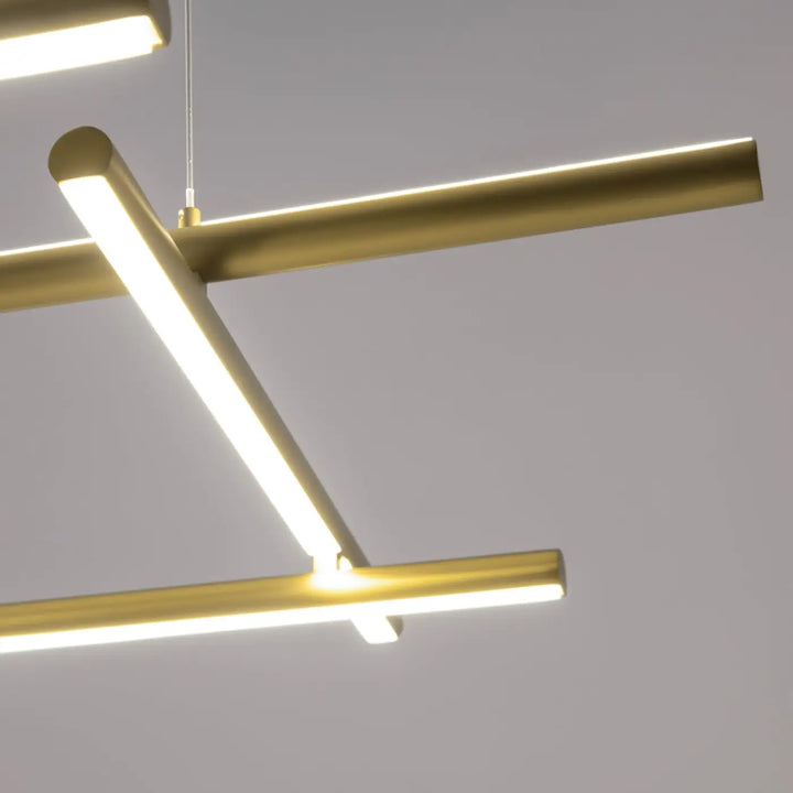 Suspension radiance ramification dorée en trois longueurs avec barres cylindriques entrecroisées et éclairage led intégré