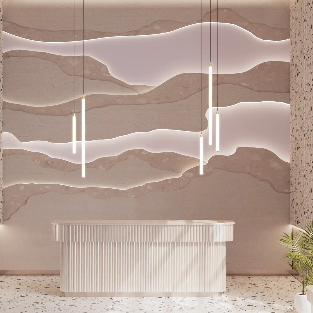 Modern white reception desk with vertical ridges paired with suspension ray tube lumineux led intégrée luminaire
