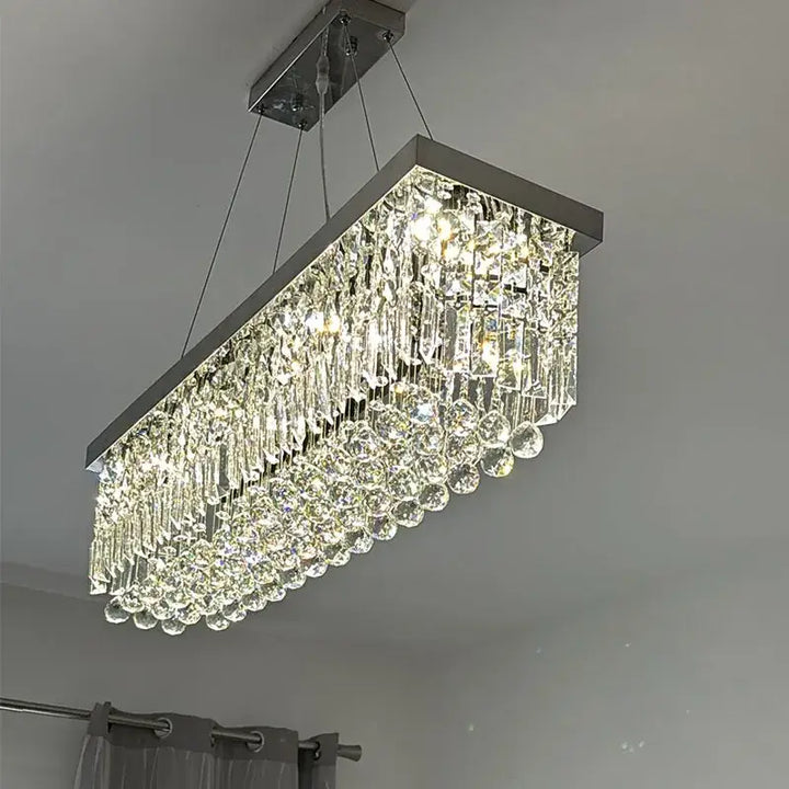 Suspension rectangulaire dorée avec pampilles en cristal moderne

