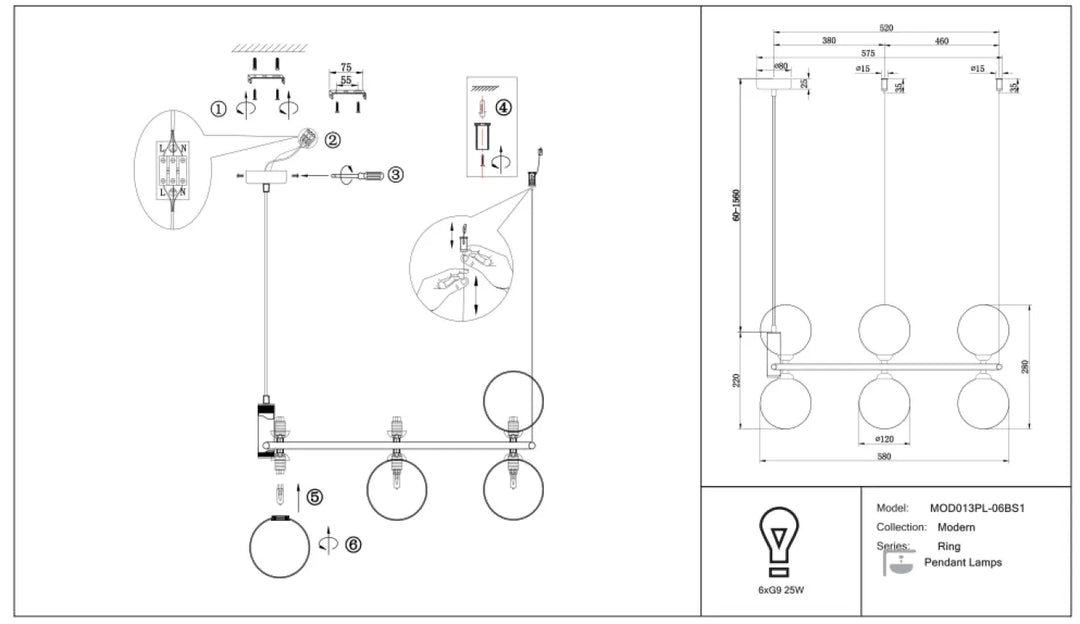 Suspension ring luminaire avec six globes en verre sphériques alignés en rangée sur bras métal ajustable touche art déco