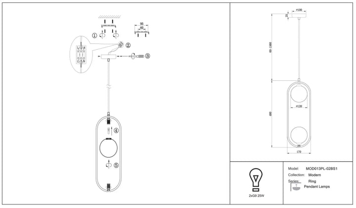 Suspension ring art déco au-dessus d’un îlot avec luminaire en métal minimaliste et deux ouvertures circulaires