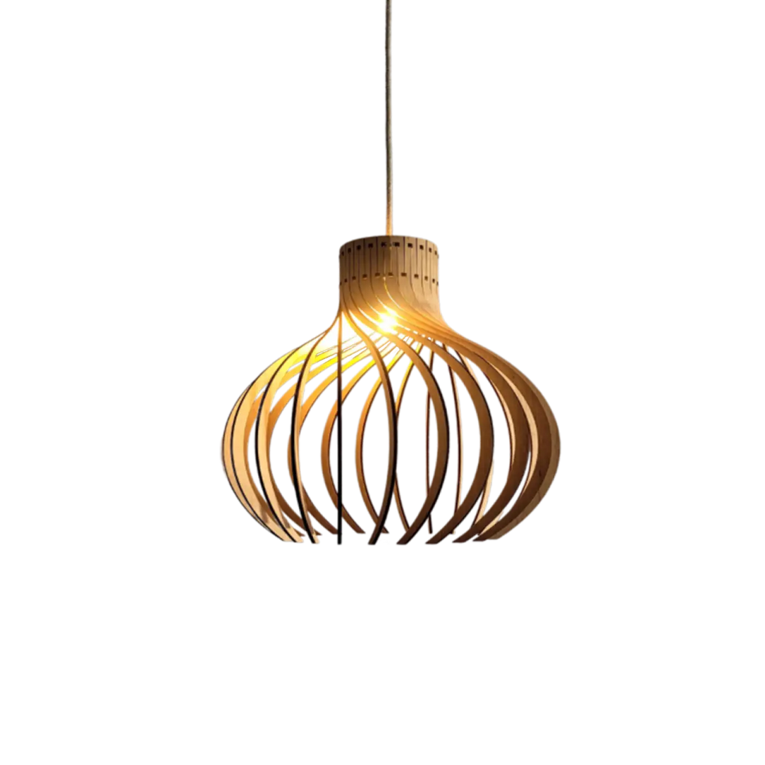 Suspension rinoz piatoni en bois chaud avec lattes courbes nervurées formant une cage sphérique design
