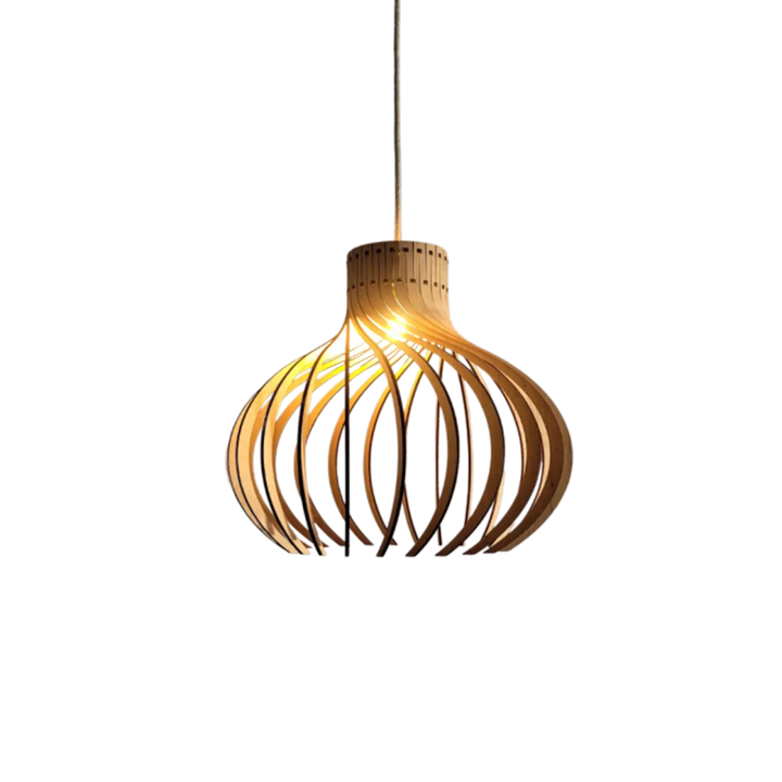 Suspension rinoz piatoni en bois chaud avec lattes courbes nervurées formant une cage sphérique design