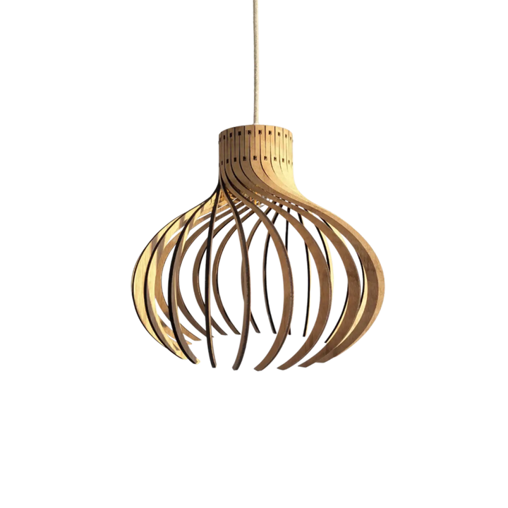 Luminaire suspension rinoz piatoni en bois naturel avec design incurvé à lames modernes pour éclairage intérieur