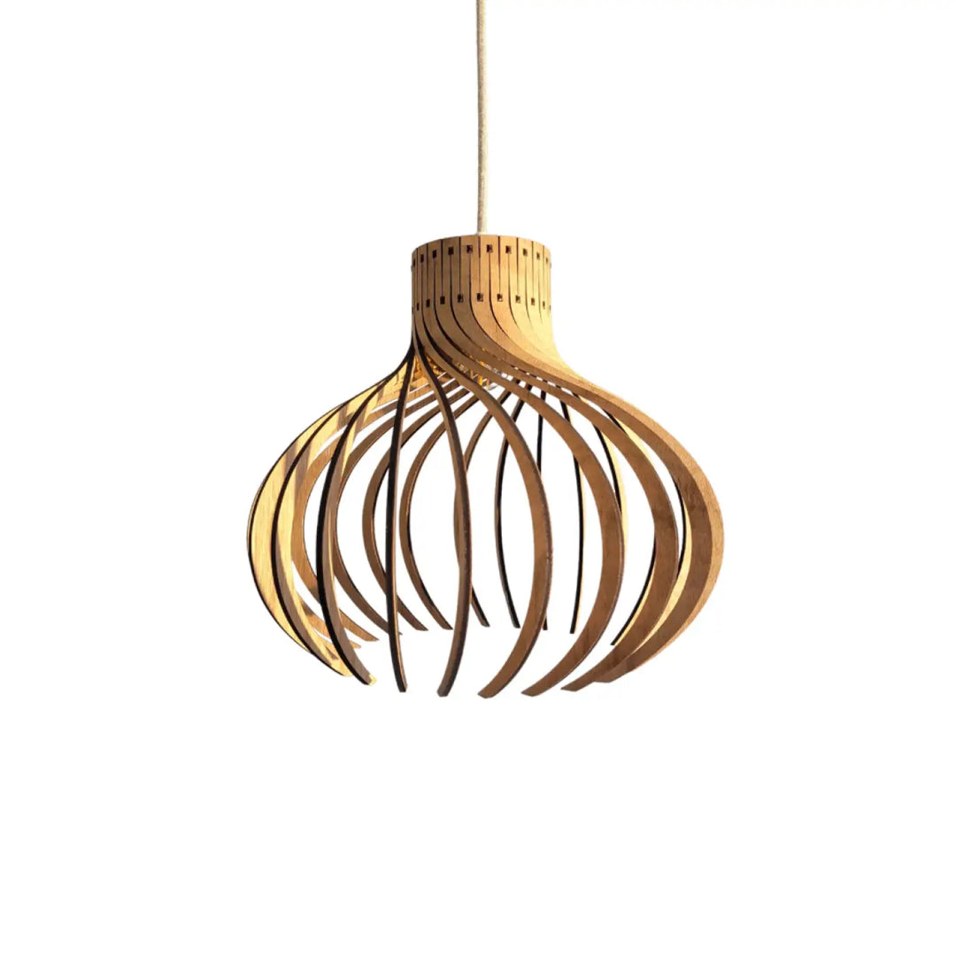 Suspension rinoz piatoni en bois moderne avec finition naturelle chaude et lattes incurvées en forme organique shell