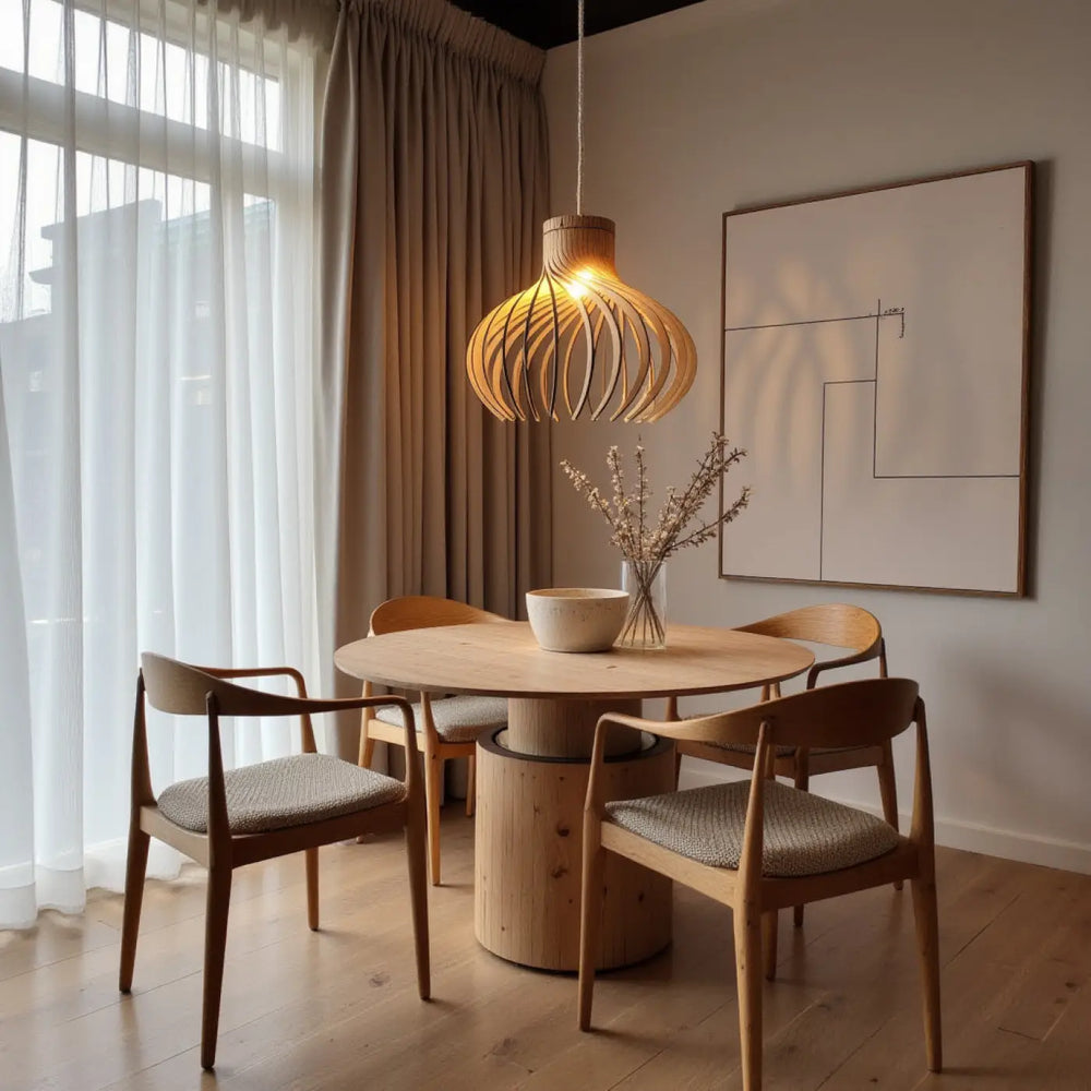 Suspension luminaire rinoz piatoni en bois chaud avec design tressé pour cage descalier ou trois suspensions au-dessus table repas
