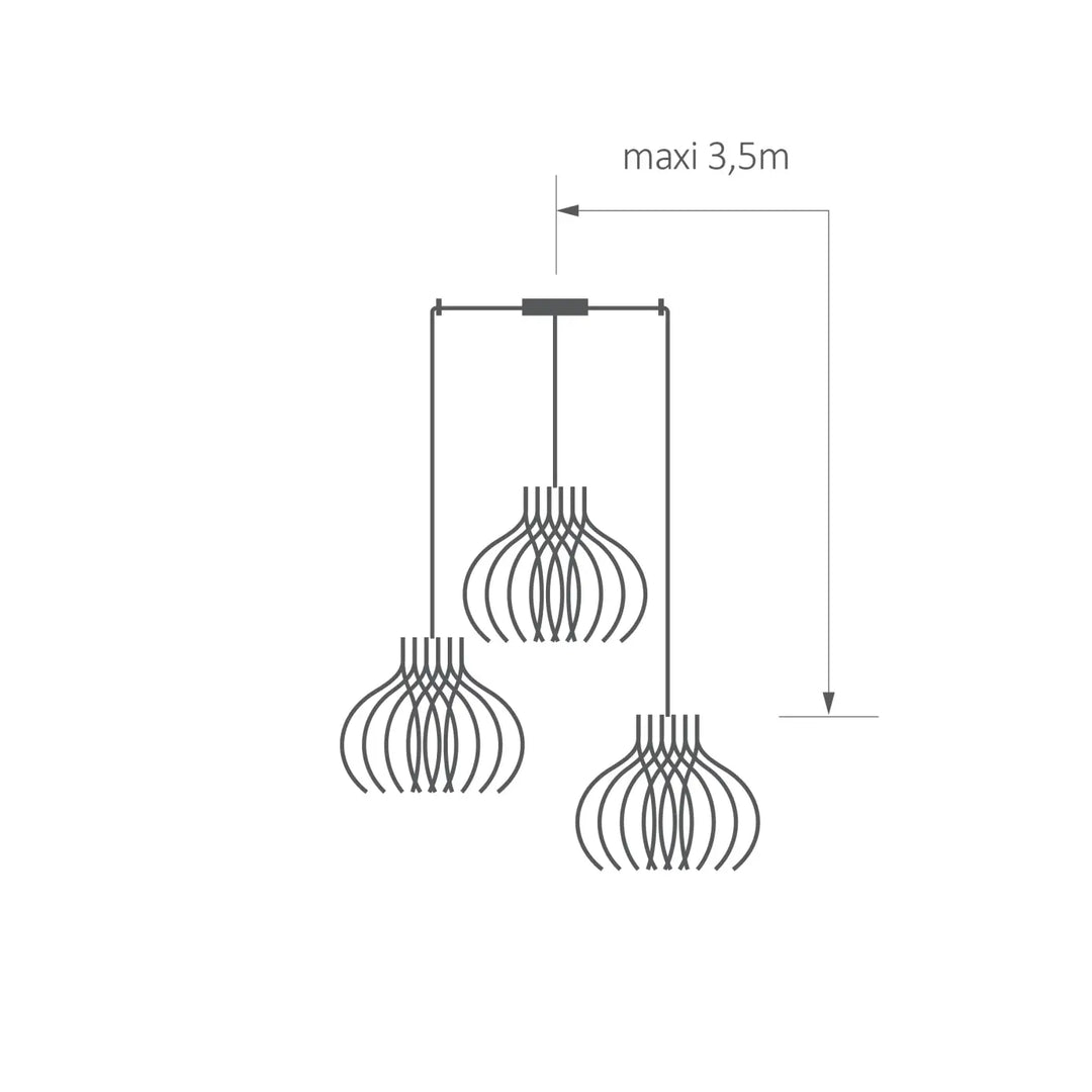 Suspension luminaire rinoz piatoni avec trois suspensions en fil courbé pour cage d’escalier minimaliste