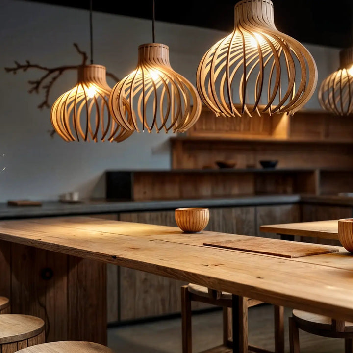 Suspension luminaire rinoz piatoni avec trois suspensions en bois chaleureux à motifs nervurés pour cage d’escalier