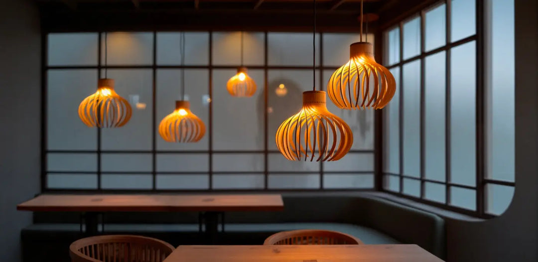 Suspension luminaire rinoz piatoni en bambou tissé ton chaud pour cage d’escalier avec trois suspensions minimalistes