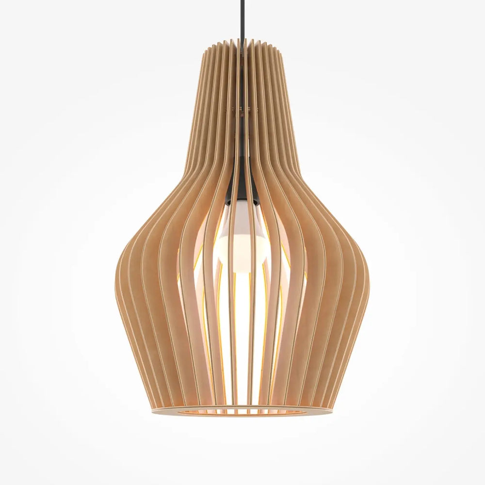 Suspension luminaire roots cage cylindrique en bois naturel avec fentes verticales élégantes et forme conique