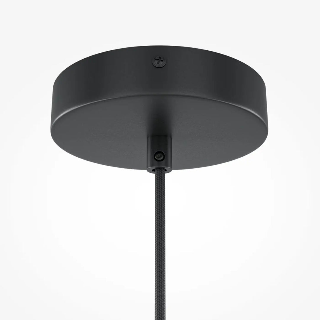 Suspension luminaire roots cage cylindrique avec base circulaire mate noir et cordon texturé en bois naturel noir