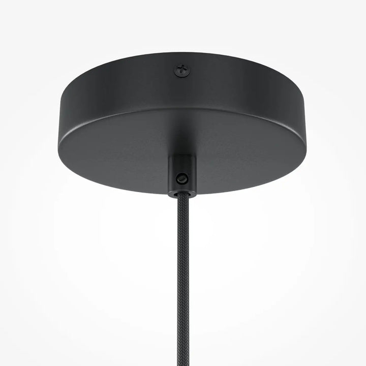 Suspension luminaire roots cage cylindrique avec base circulaire mate noir et cordon texturé en bois naturel noir