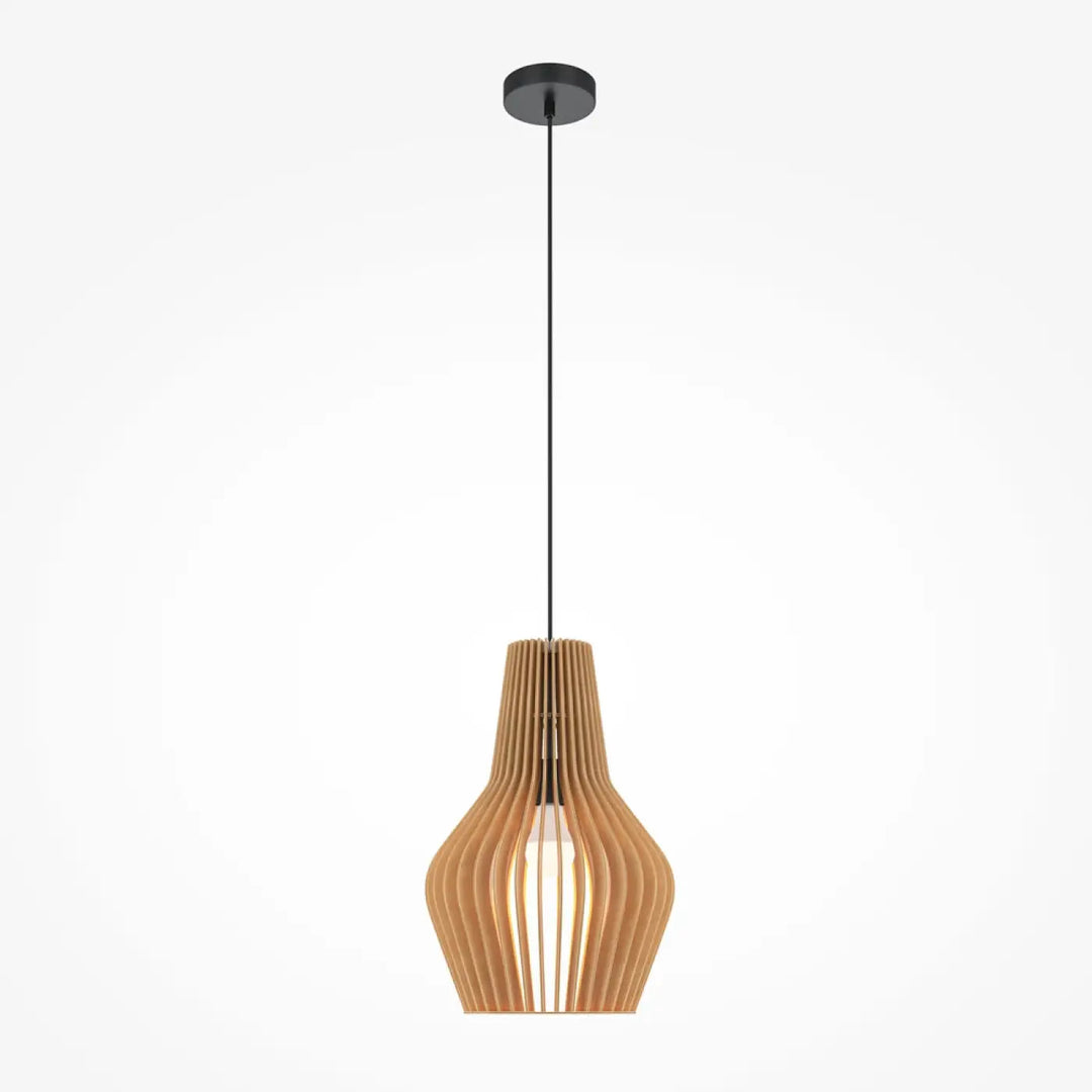 Suspension luminaire roots cage cylindrique en bois naturel avec finition chaude et métal noir élégant