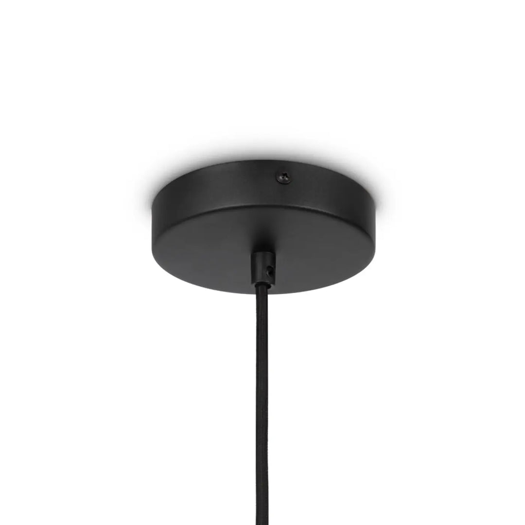 Suspension luminaire roots corolle en finition noire mate avec base circulaire pour éclairage au-dessus d’une table bois naturel