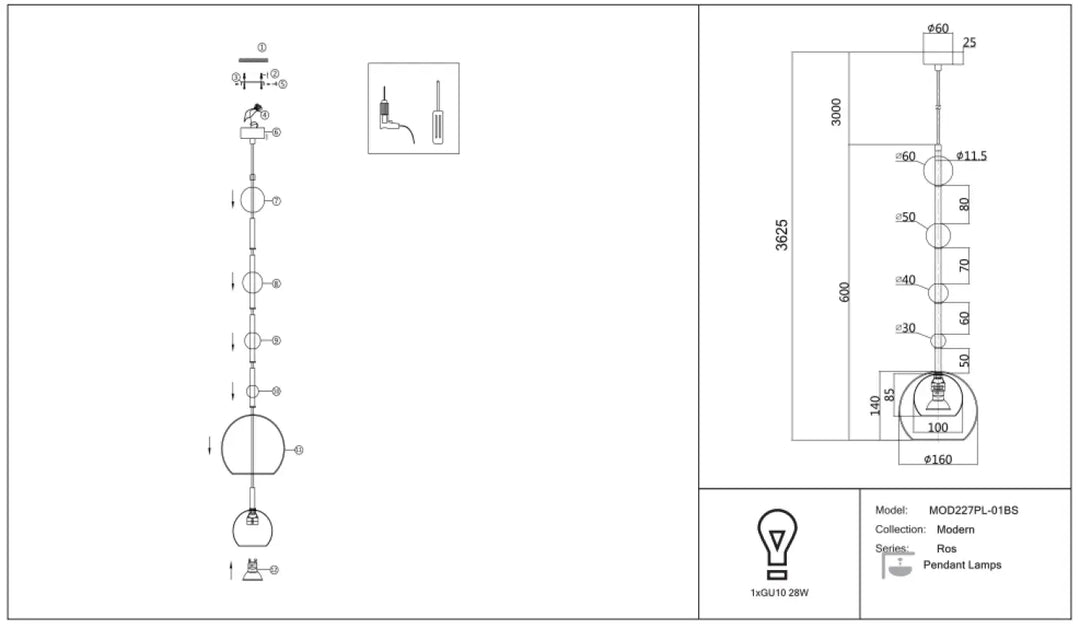 Suspension luminaire ros diffuseur vertical avec culot gu10 et plusieurs abat-jours sphériques en verre suspendus sur cadre métal ajustable moderne