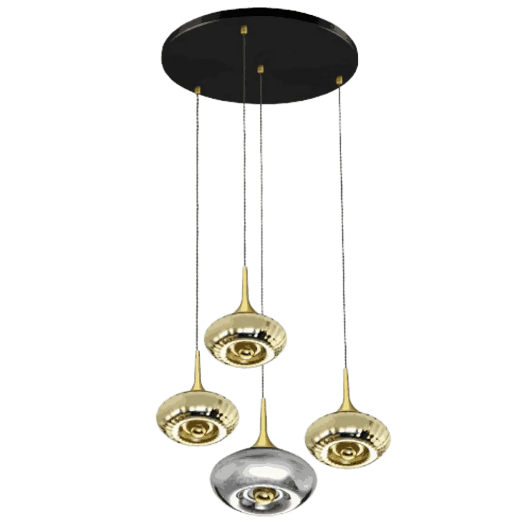 Suspension luminaire grace 4 lumières avec rosace grace noire, verre soufflé en globes dorés et chrome pour points lumineux modernes