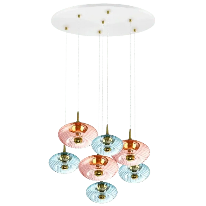 Suspension luminaire grace avec 7 points lumineux en verre soufflé pastel rose et bleu sur rosace grace dorée