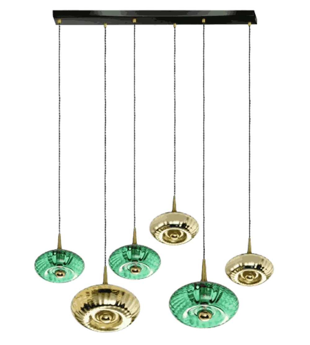 Suspension luminaire grace avec cinq points lumineux en verre soufflé vert émeraude et finition or sur rosace grace noire