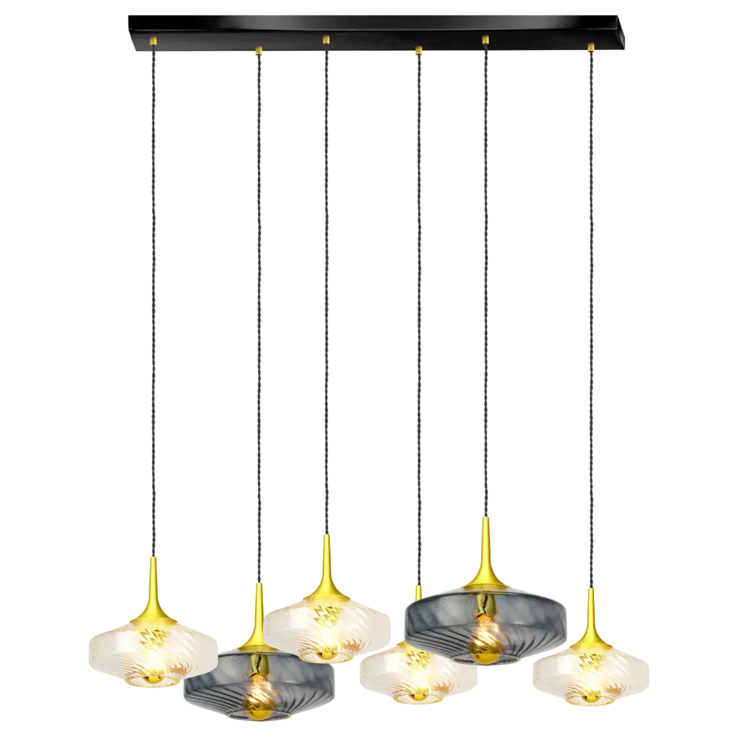 Suspension luminaire rosace roxanne 6 lumières en métal noir avec verre soufflé blanc givré et gris fumé