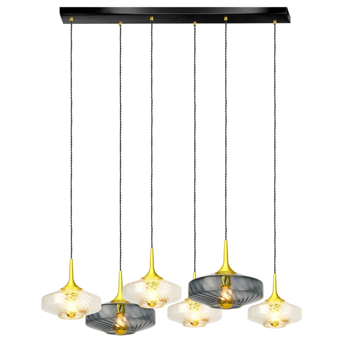 Suspension luminaire rosace roxanne 6 lumières en métal noir avec verre soufflé blanc givré et gris fumé