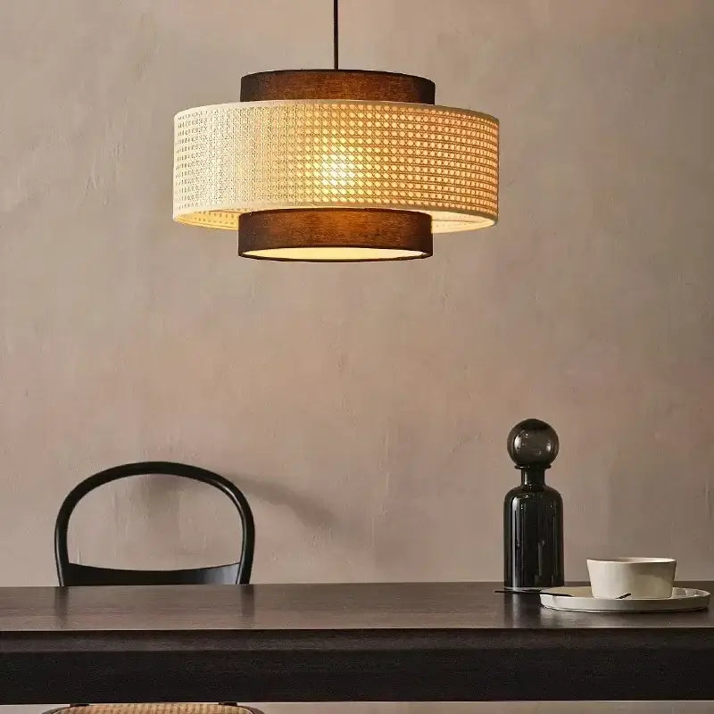 Suspension rotin design élégant forme tambour lumineux