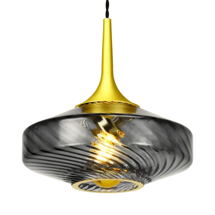 Suspension roxanne Ø20 en verre noir tourbillonnant avec tige et base métal doré élégants pour éclairage suspendu