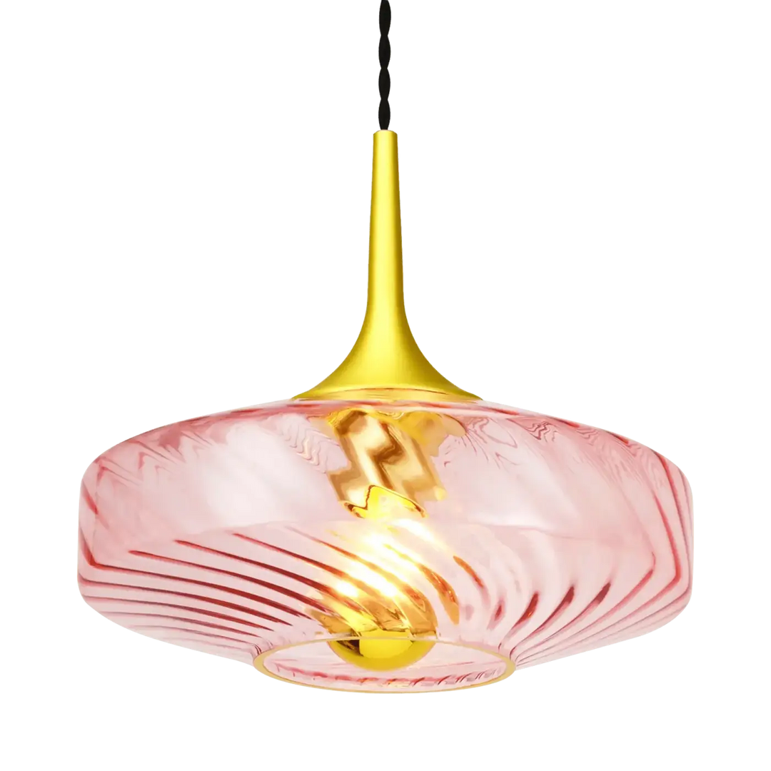 Suspension roxanne Ø20 en verre rose avec tige et base métal doré à motifs nervurés tourbillonnants