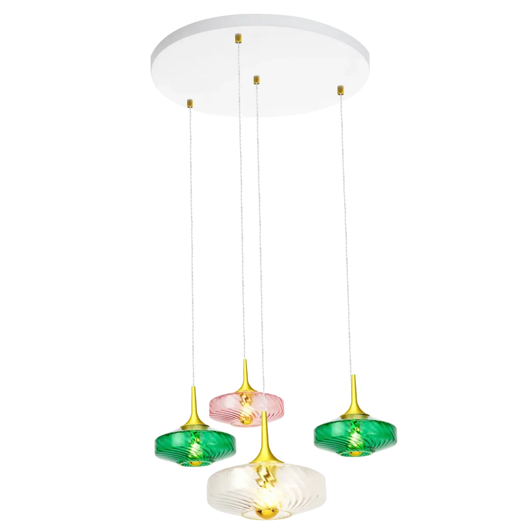 Suspension roxanne 4 lumières avec verre soufflé vert et rose, monture blanche circulaire moderne avec cordons transparents