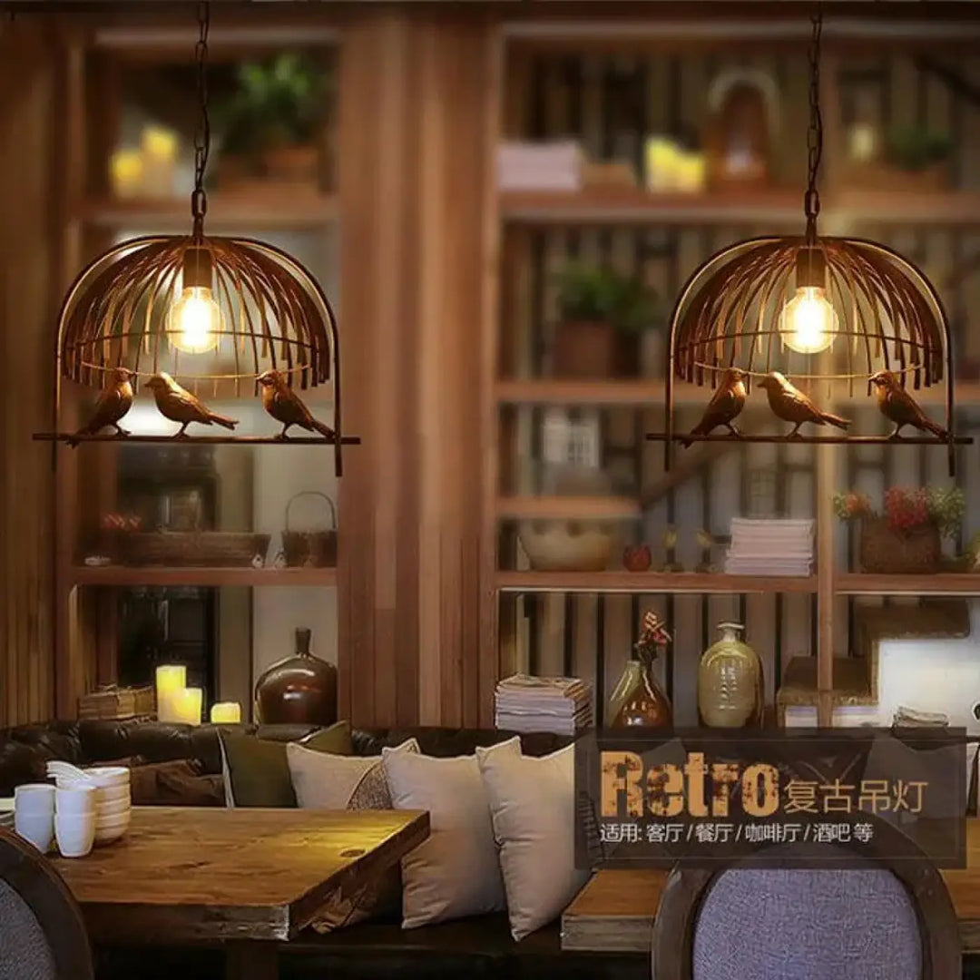 Suspension luminaire lumoiseau style cage en bronze rustique avec ampoules chaleureuses et perchoirs en bois détaillés