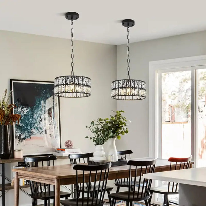 Suspension tambour noir avec cristaux style art déco