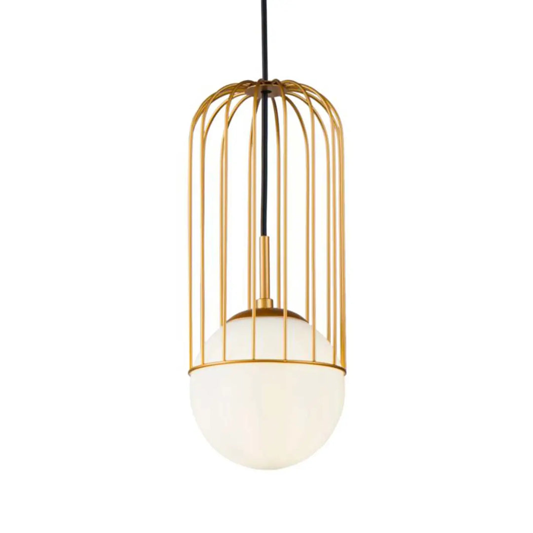 Suspension telford cage dorée avec globe en verre blanc givré pour un éclairage élégant et moderne