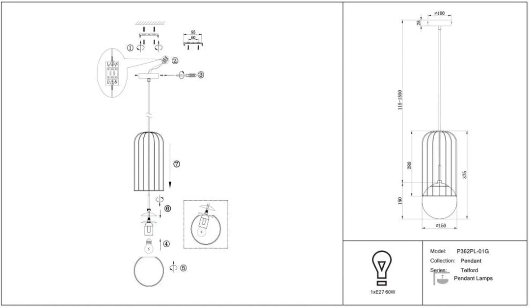 Suspension telford cage dorée en métal avec design cylindrique et verre blanc intégrant une ampoule