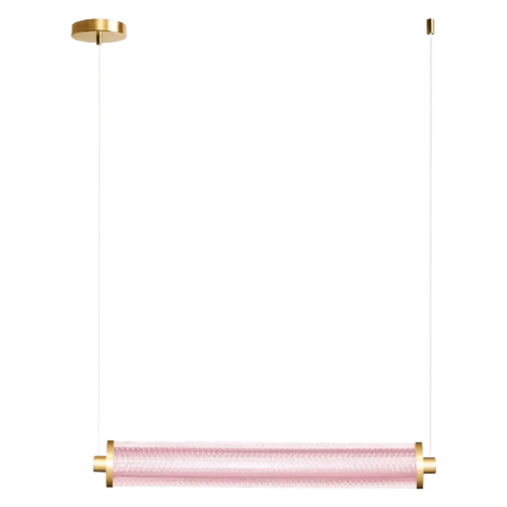 Suspension luminaire horizontale tiffany avec cylindre de verre rose translucide et supports en acrylique plus finition laiton
