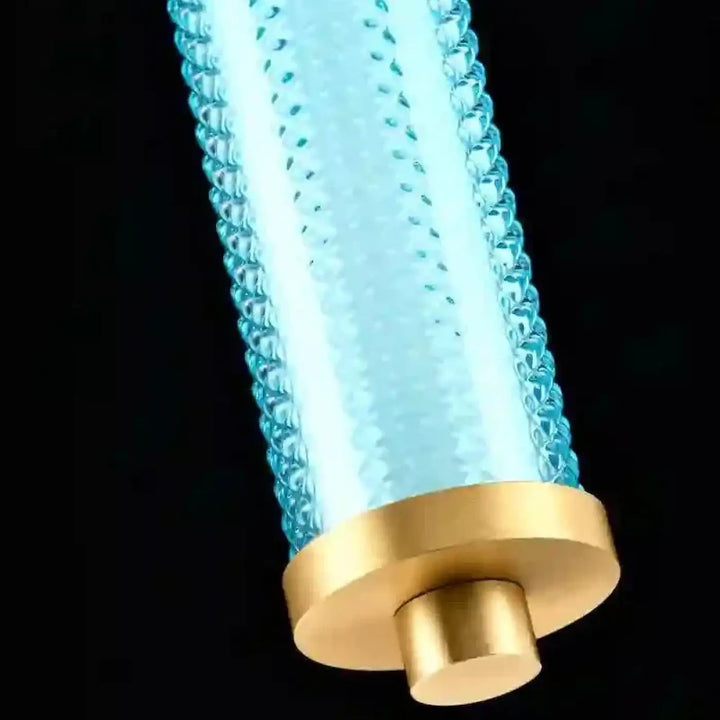 Suspension tiffany verticale en verre bleu clair translucide avec motif bulles et base en laiton poli