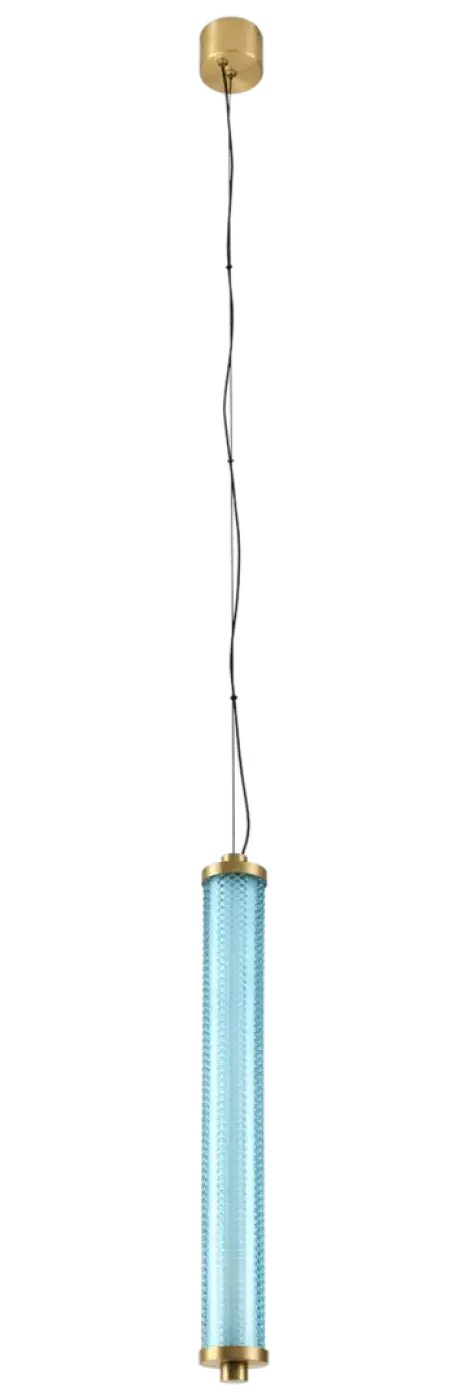 Suspension tiffany verticale en verre bleu translucide avec finitions en laiton pour un éclairage élégant