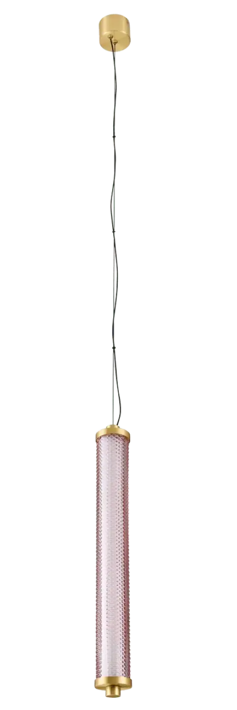 Suspension tiffany verticale avec abat-jour en verre rose texturé et accents métalliques dorés finition élégante