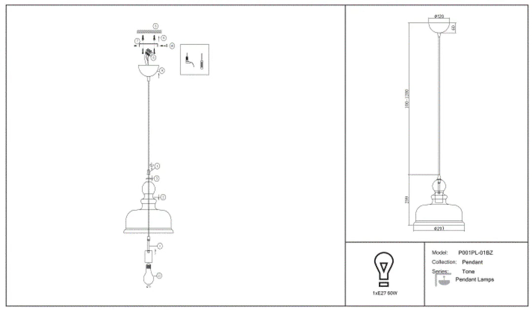 Suspension tone avec verre ambré vieilli et cadre métallique modèle p01tpl-01bz pour éclairage intérieur élégant