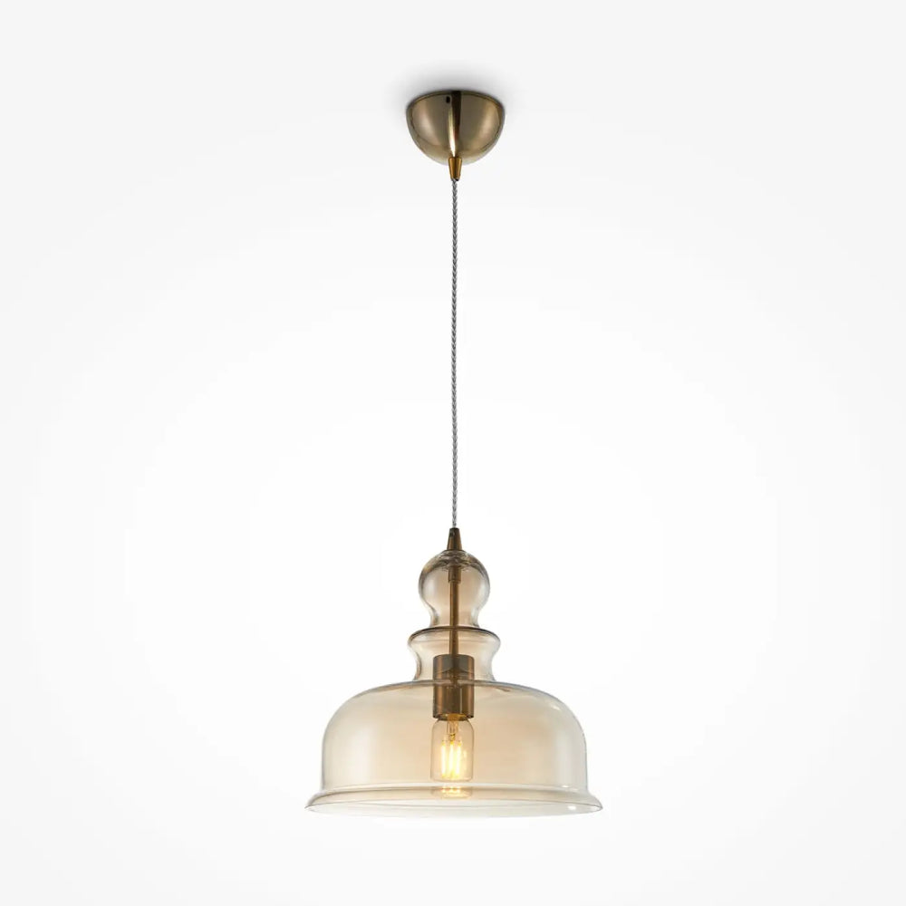 Suspension tone en laiton avec abat-jour en verre ambré vieilli et ampoule à filament visible