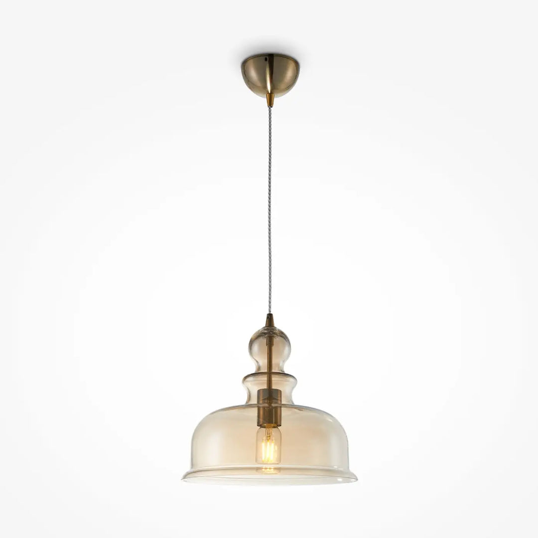 Suspension tone en laiton avec abat-jour en verre ambré vieilli et ampoule à filament visible
