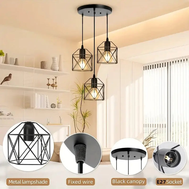 Suspension Trio Noire Style Industriel À Cages Géométriques

